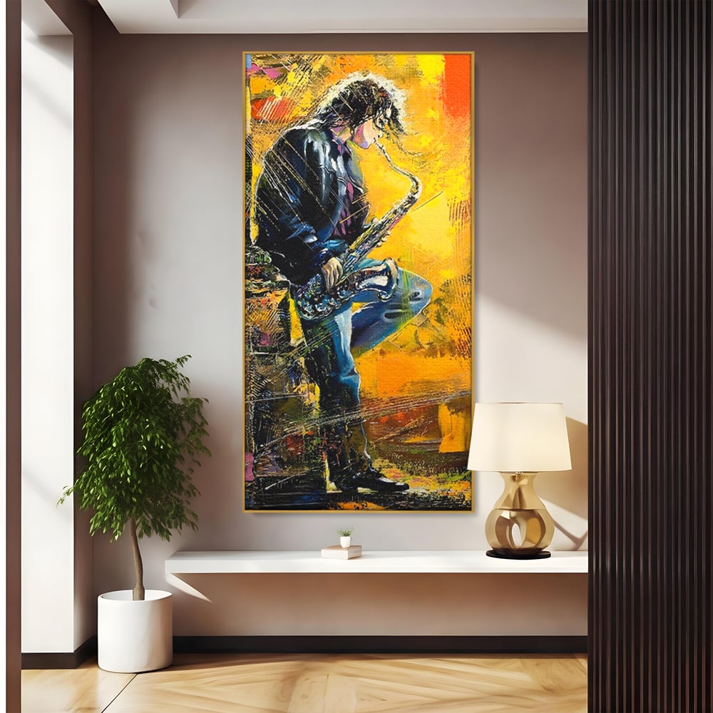Tablou canvas cu tablou canvas cu muzician cantand la saxofon, in rama de aluminiu auriu